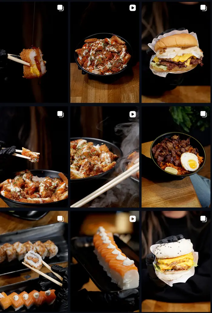 Exemple de mise en page feed Instagram, univers sombre et premium